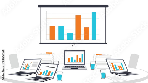 Collaborative business meeting with data analysis on laptops and presentation screen