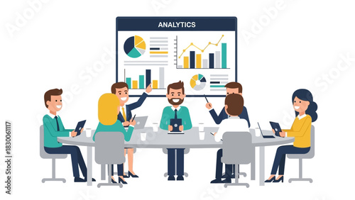 Team collaboration in business meeting with analytics presentation