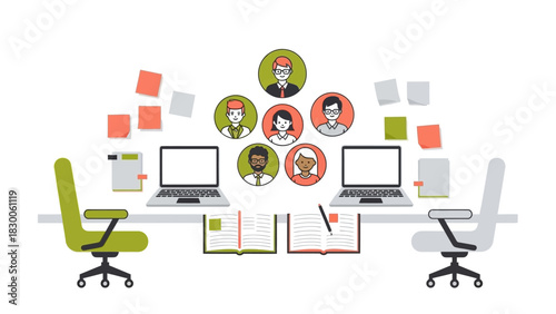 Team collaboration workspace with laptops and diverse team members in modern office design