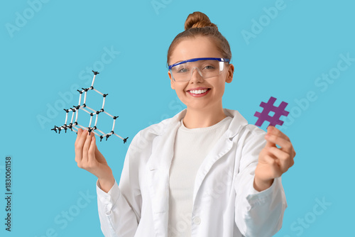 Female chemist with hashtag...