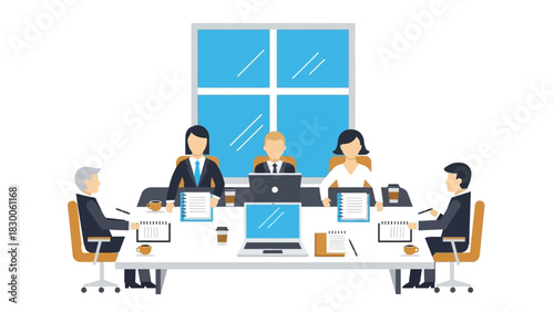 Business meeting in modern office setting with diverse professionals and technology