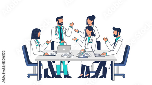 Medical team meeting: doctors collaborate in professional discussion around conference table