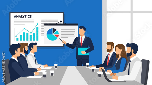 Business presentation in modern office meeting room with team and analytics charts