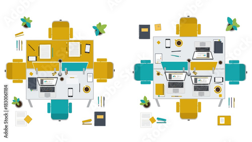 Modern office workspace with laptops and supplies in top down flat style