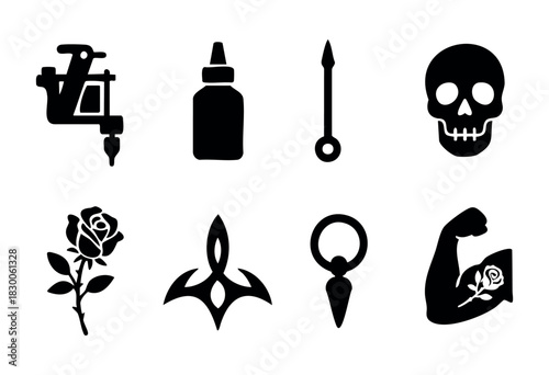Set of tattoo and body art icons — tattoo machine, ink bottle, skull, and rose — stock vector.