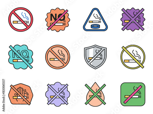 Collection of colorful no smoking signs in flat design style in red, blue, green, and yellow colors for anti-tobacco campaign