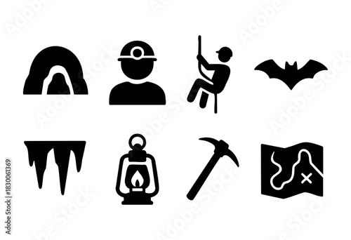 Flat vector collection of caving and speleology icons — cave, miner, bat, and exploration tools — stock vector.