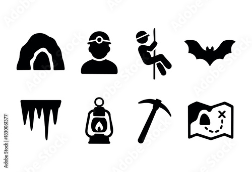 Flat vector collection of caving and speleology icons — cave, miner, bat, and exploration tools — stock vector.