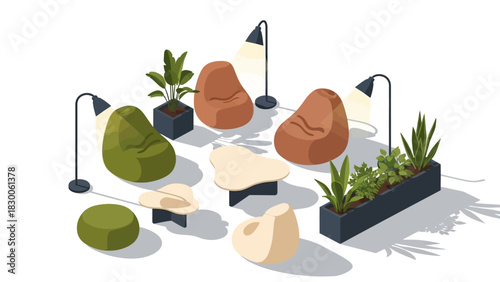 Modern isometric interior design with bean bag chairs and greenery