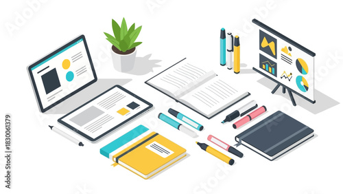 Modern workspace with digital devices and office supplies in isometric style