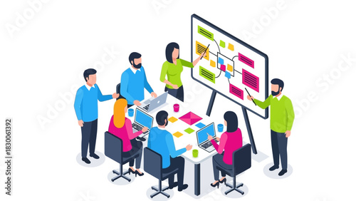 Team collaboration in modern office setting with isometric design