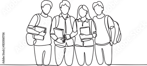 Group of students one line drawing vector illustration