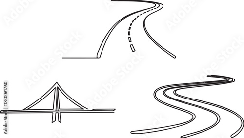 One Line Road, Bridge and Highway Vector Illustration