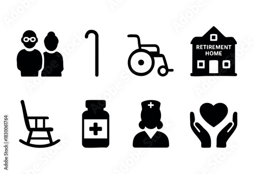 Flat black vector collection of retirement, elderly care, and nursing home symbols — stock vector.