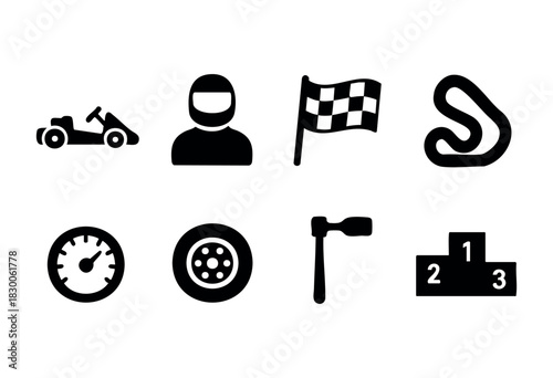 Flat vector icons of go-kart racing — driver, track, speed, and competition elements — stock vector.