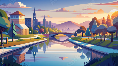 Very beautiful reflective riverfront scene featuring calm water, walking paths, and bridges glowing in soft daylight, creating a peaceful urban landscape ideal for nature, travel, and scenic city imag