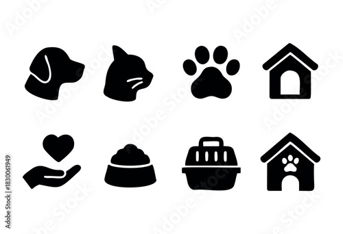 Collection of pet care and animal shelter icons — dogs, cats, paws, and houses — stock vector.