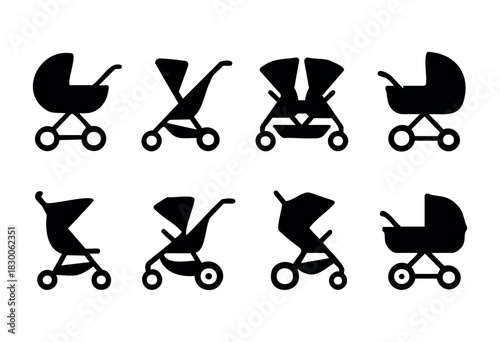 Flat vector icons of baby strollers and prams — stock vector.