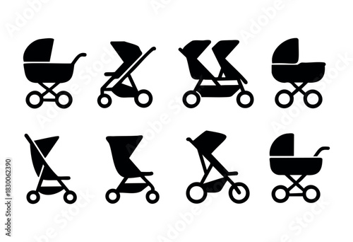 Flat vector icons of baby strollers and prams — stock vector.
