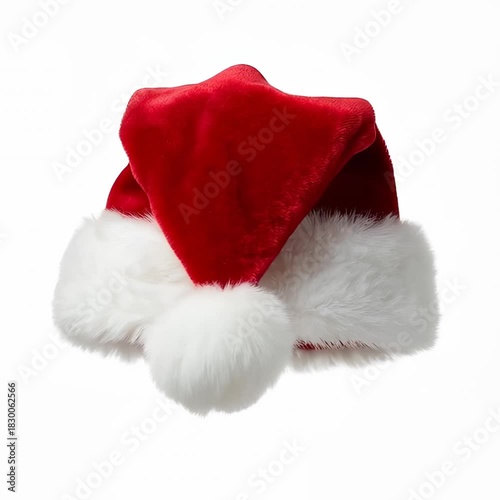 Santa hat on white background with soft red fabric white fur trim and fluffy pompom. Slow rotation footage. 