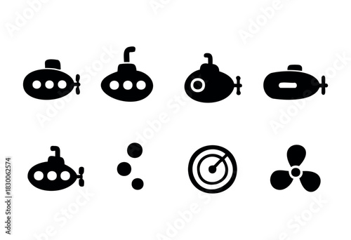 Flat vector silhouettes of submarines and underwater exploration symbols — stock vector.