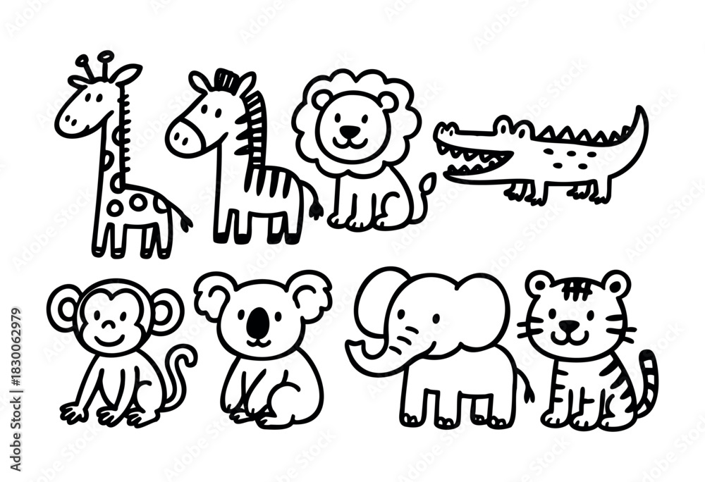 Obraz premium Cute hand-drawn doodle animals — cartoon zoo creatures and wildlife — stock vector.