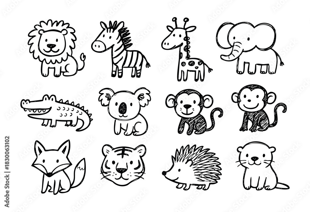 Obraz premium Cute hand-drawn doodle animals — cartoon zoo creatures and wildlife — stock vector.