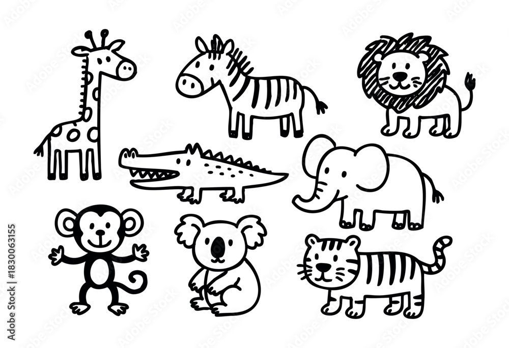 Obraz premium Cute hand-drawn doodle animals — cartoon zoo creatures and wildlife — stock vector.