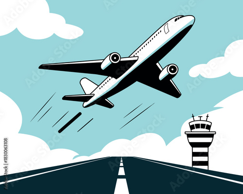 Airplane taking off from runway with control tower in the background.