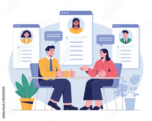 Two people are discussing potential candidates for a job interview on their computers.