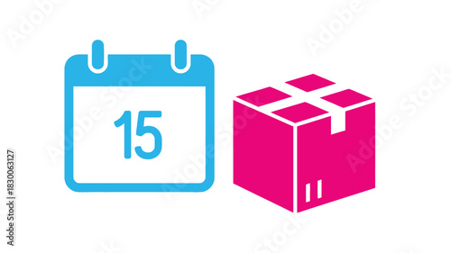Calendar with the fifteenth day alongside a pink parcel or gift box icon illustration
