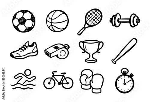 Simple hand-drawn icons of sports and fitness — stock vector.