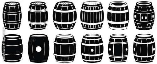 Wooden barrel icons featuring whiskey, wine, and beer casks, ideal for packaging design, beverage branding, product labels, digital graphics, marketing materials, rustic projects, craft alcohol 