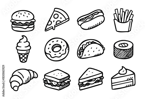 Cute doodle food and snack illustrations — burger, pizza, ice cream, donut — stock vector.