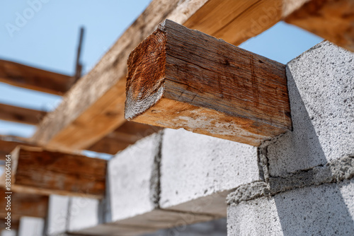 Weathered wooden beams supported by concrete blocks forming the structural framework of an outdoor construction site under clear blue skies