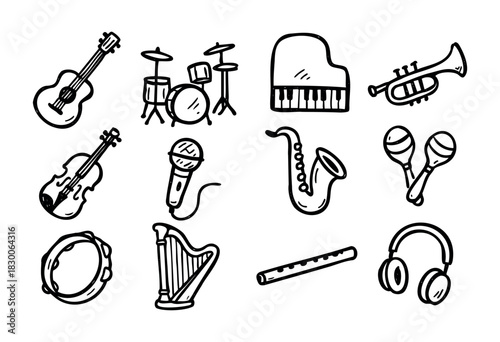 Hand-drawn doodle musical instruments — guitar, piano, violin, and microphone — stock vector.