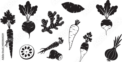 Black silhouette collection of root vegetables and ginger with green tops on white background carrot