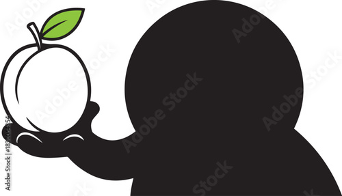 Black silhouette figure holding a white plum with a green leaf on a white background fruit
