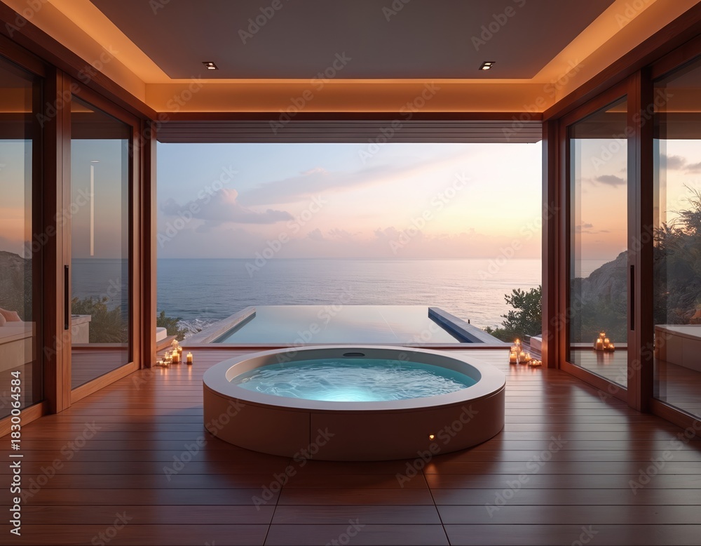 Naklejka premium Luxury jacuzzi with ocean view. Private deck offers relaxation and wellness at sunset. Candles provide warm mood. It is a wonderful spot for romantic vacation or honeymoon retreat. Nice spa resort