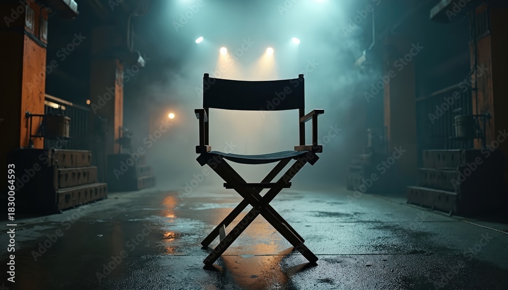 Fototapeta premium Empty director chair on movie set. Spotlights shine through smoke in dark film studio. Cinematic scene on wet floor shows production stage. Filmmaking process, solitude of creation in cinema industry.