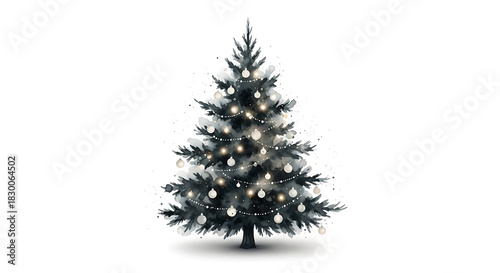 Watercolor christmas tree with white ornaments isolated on white background