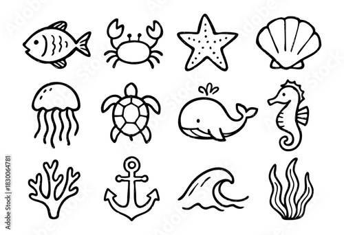 Hand-drawn doodle marine life and sea elements — fish, crab, whale, and coral — stock vector.