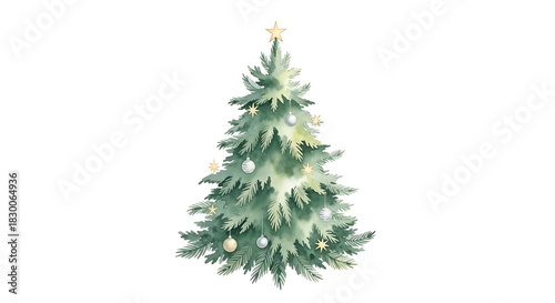Watercolor christmas tree with star isolated on white background