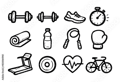 Hand-drawn doodle fitness and workout icons — dumbbell, shoe, mat, and treadmill — stock vector.