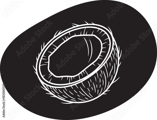White line art illustration of a halved coconut with fibrous husk on a black oval background tropical fruit