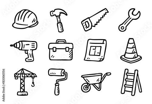 Hand-drawn doodle building and repair tools — hammer, saw, drill, and toolbox — stock vector.