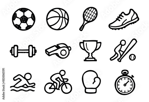 Simple hand-drawn doodle sports and competition elements — ball, trophy, whistle, and bike — stock vector.