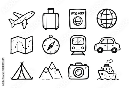 Hand-drawn doodle travel and transportation icons — airplane, suitcase, passport, and map — stock vector.