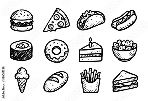 Hand-drawn doodle food and snack icons — burger, pizza, donut, and fries — stock vector.