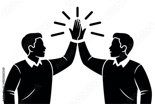 Two men in silhouette give each other a high five with radiating lines from their hands.